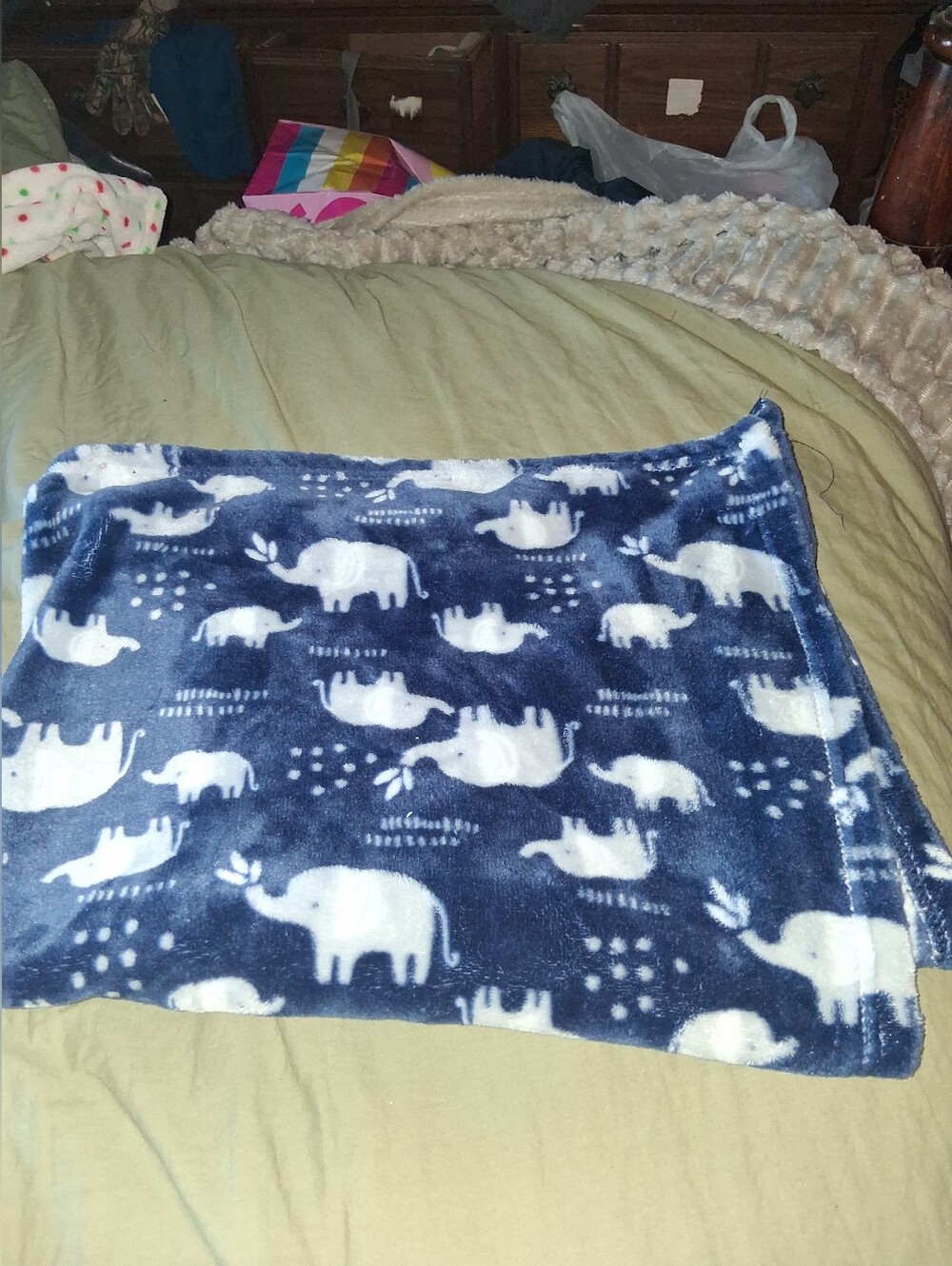 Plush Navy Blue Elephant Print Baby Blanket